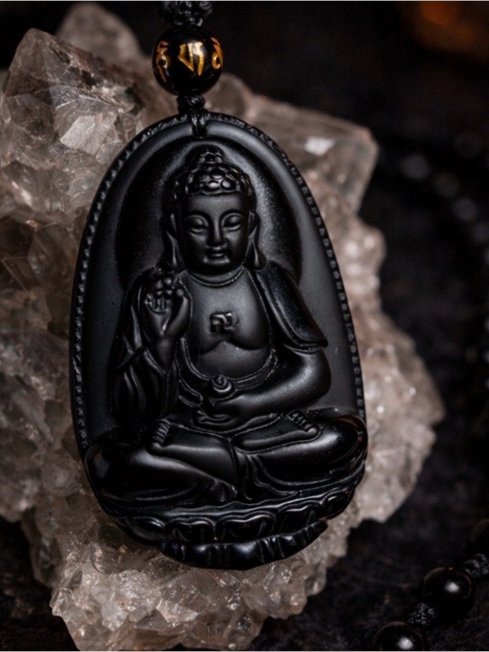 Black Obsidian Buddha Necklace Adjustable Protection Amulet Spiritual Jewelry